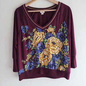 Anthropologie Tiny Floral Blouse M Burgundy V-Neck Relaxed Fit Top